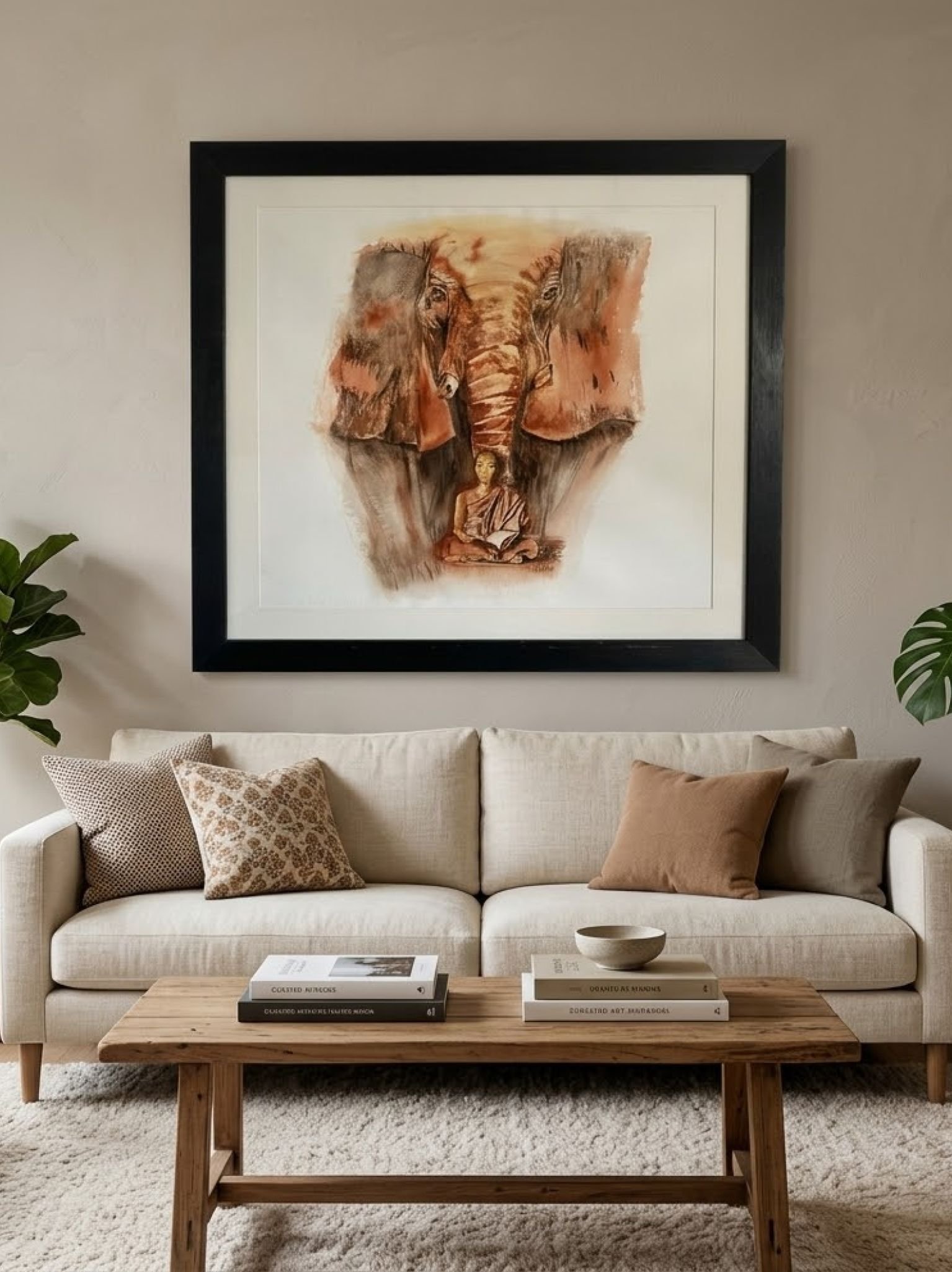 aquarelle elephant et moine bouddhiste