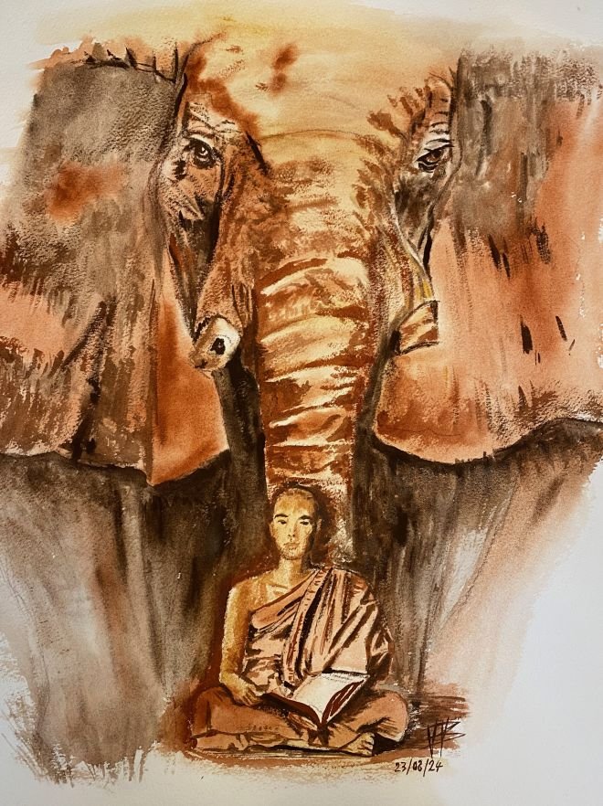 aquarelle Un éléphant d'Afrique et un moine bouddhiste